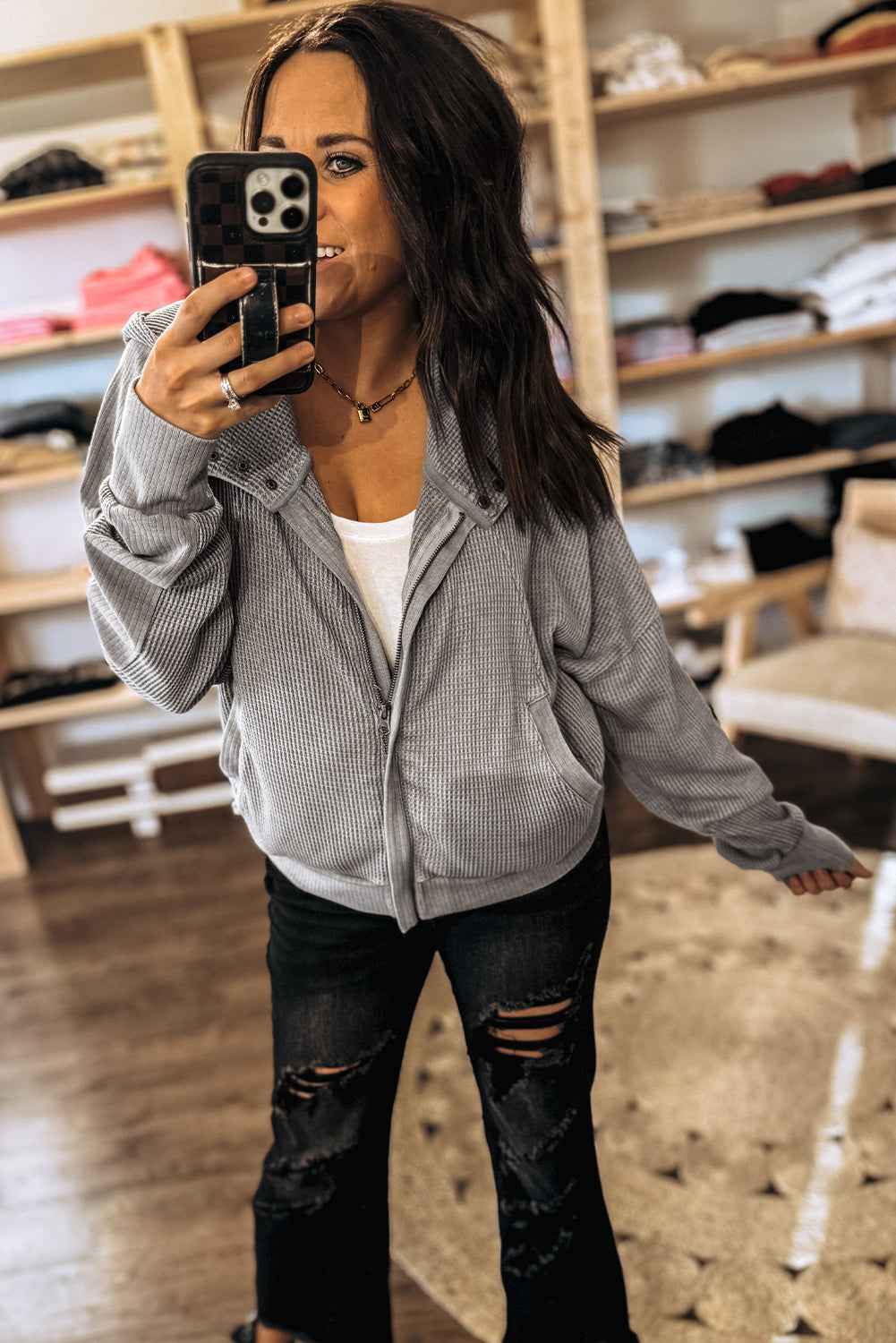 Gray Waffle Splicing Zip Up Front Button Hooded Jacket - Velvet Stardust Co.