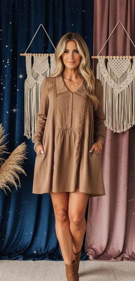 Lace Trim Button-Down Mini Dress - Velvet Stardust Co.
