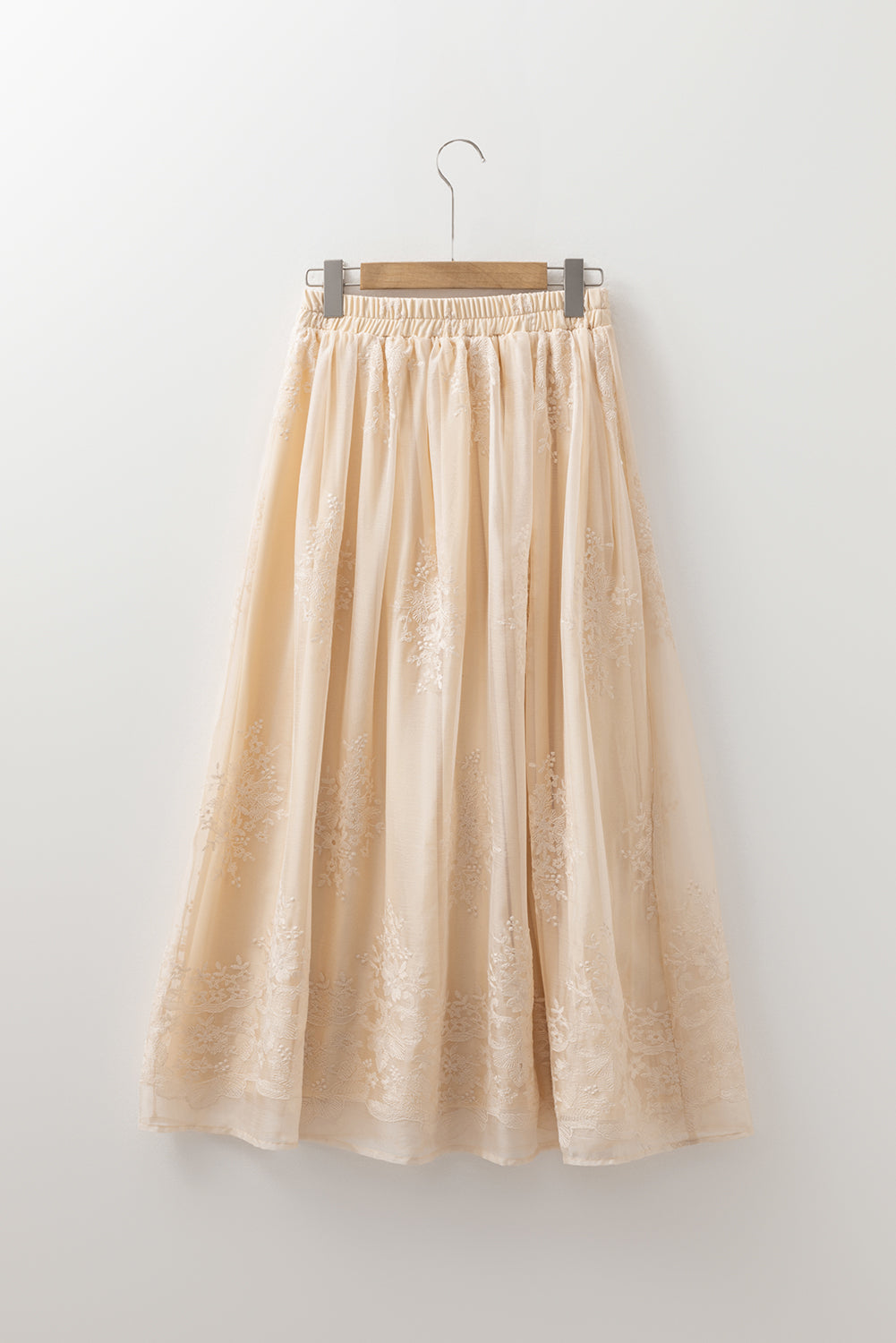 Oatmeal Embroidered Mesh Overlay Flowy Long Skirt - Velvet Stardust Co.