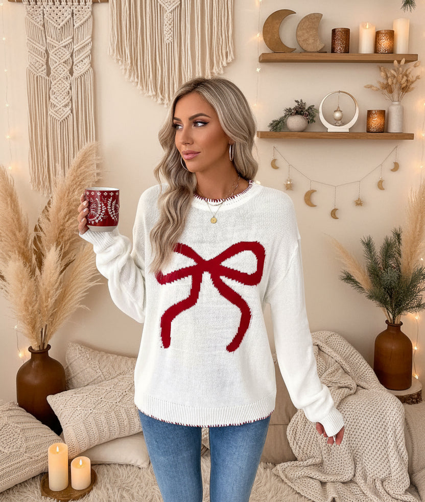 White Sweet Christmas Bow Long Sleeve Knit Sweater