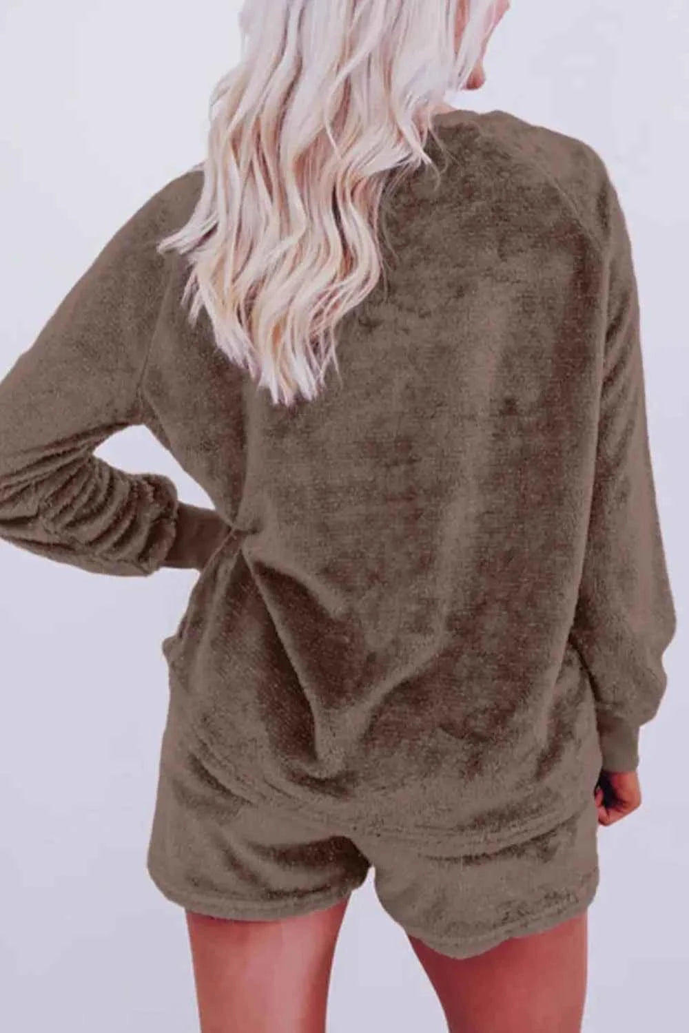 Round Neck Long Sleeve Top and Shorts Lounge Set - Velvet Stardust Co.