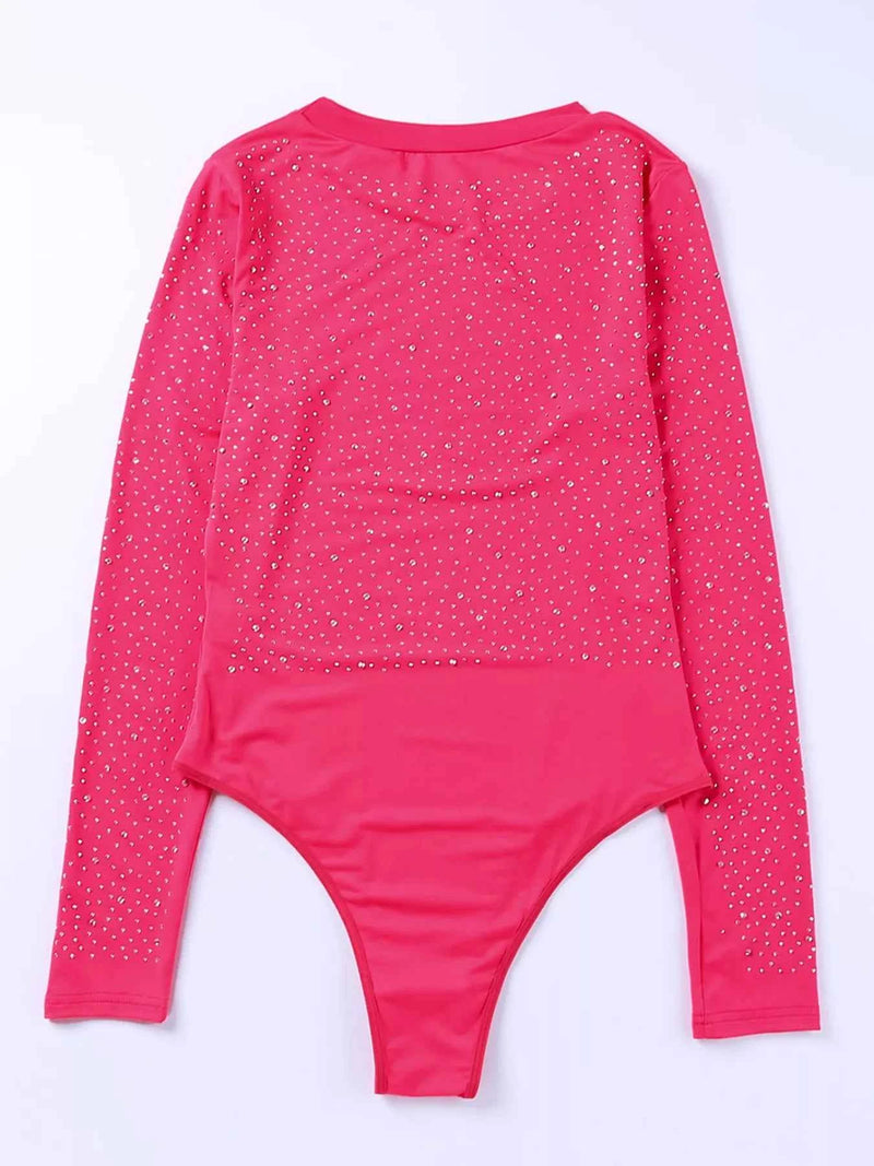 Rhinestone Round Neck Long Sleeve Bodysuit
