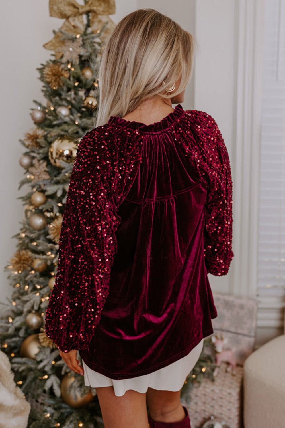 Red Dahlia Sequin Patchwork Sleeve Button Up Velvet Top - Velvet Stardust Co.