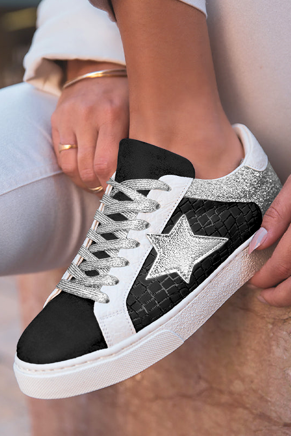 Gold Glitter Star Patchwork PU Leather Lace-up Sneakers - Velvet Stardust Co.