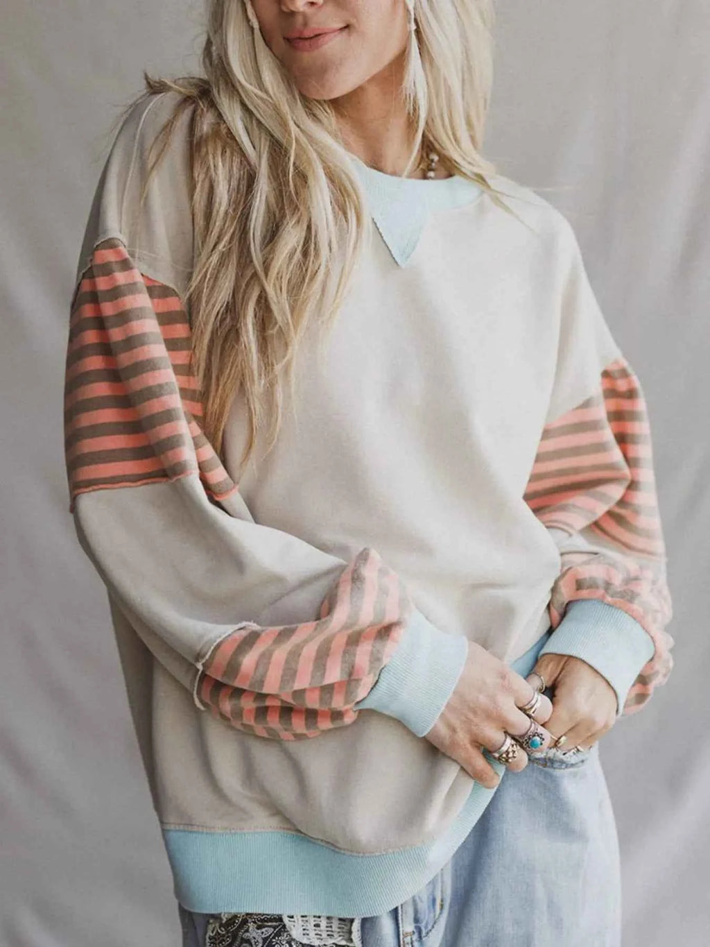 Striped Colorblock Patchwork Drop Shoulder Sweatshirt - Velvet Stardust Co.