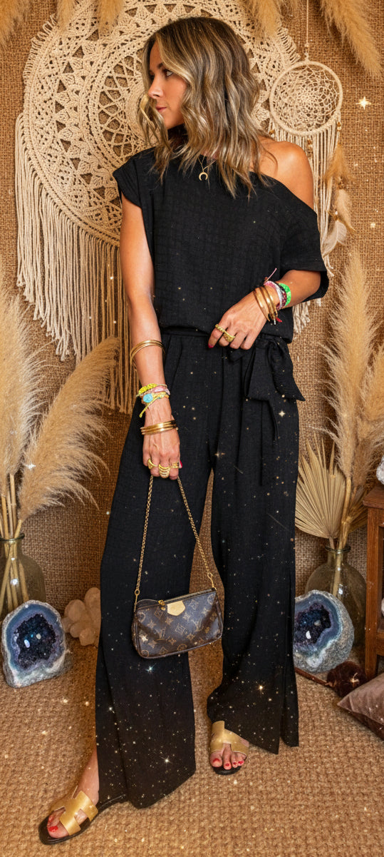 Black Checkered Mesh One Shoulder Short Sleeve Knotted Waist Jumpsuit