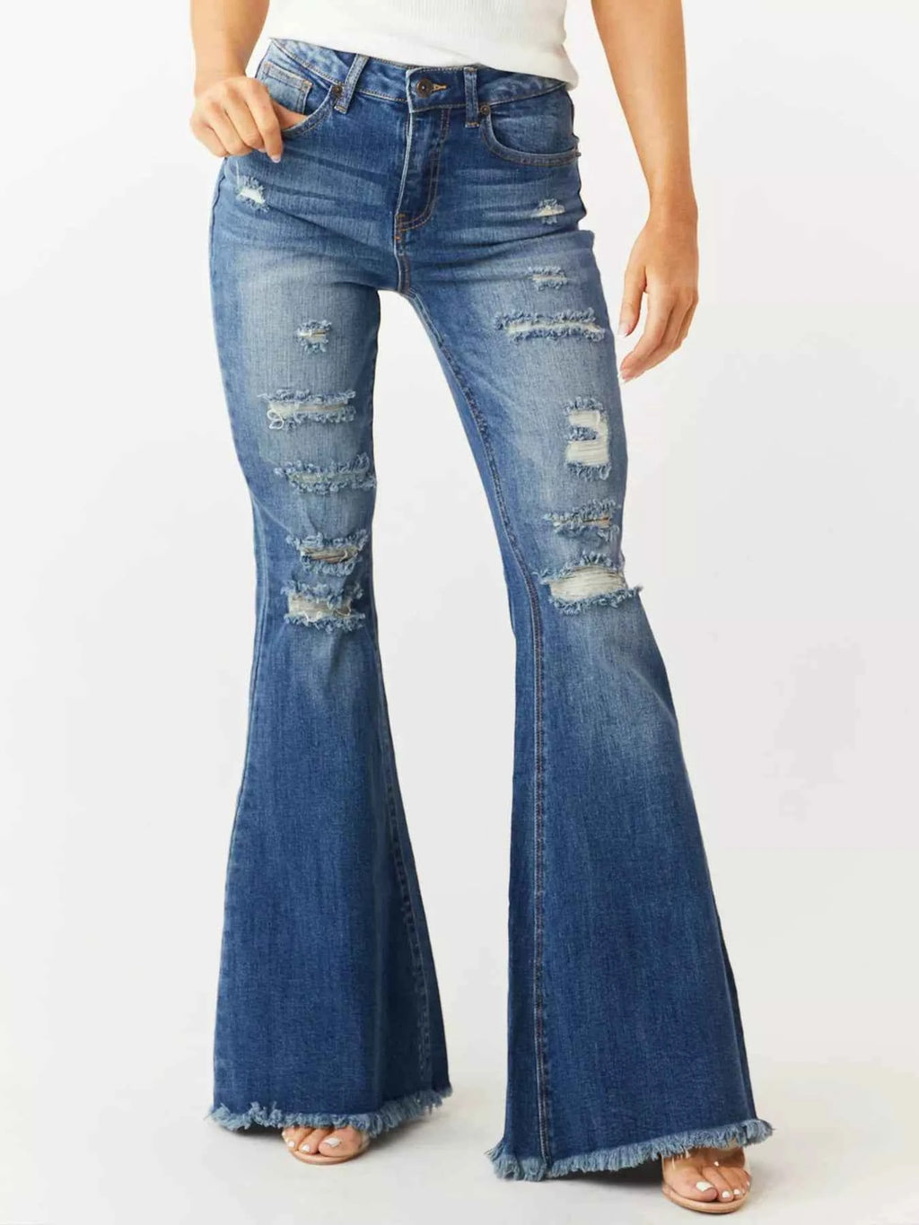 Distressed Raw Hem High-Waisted Flare Jeans - Velvet Stardust Co.