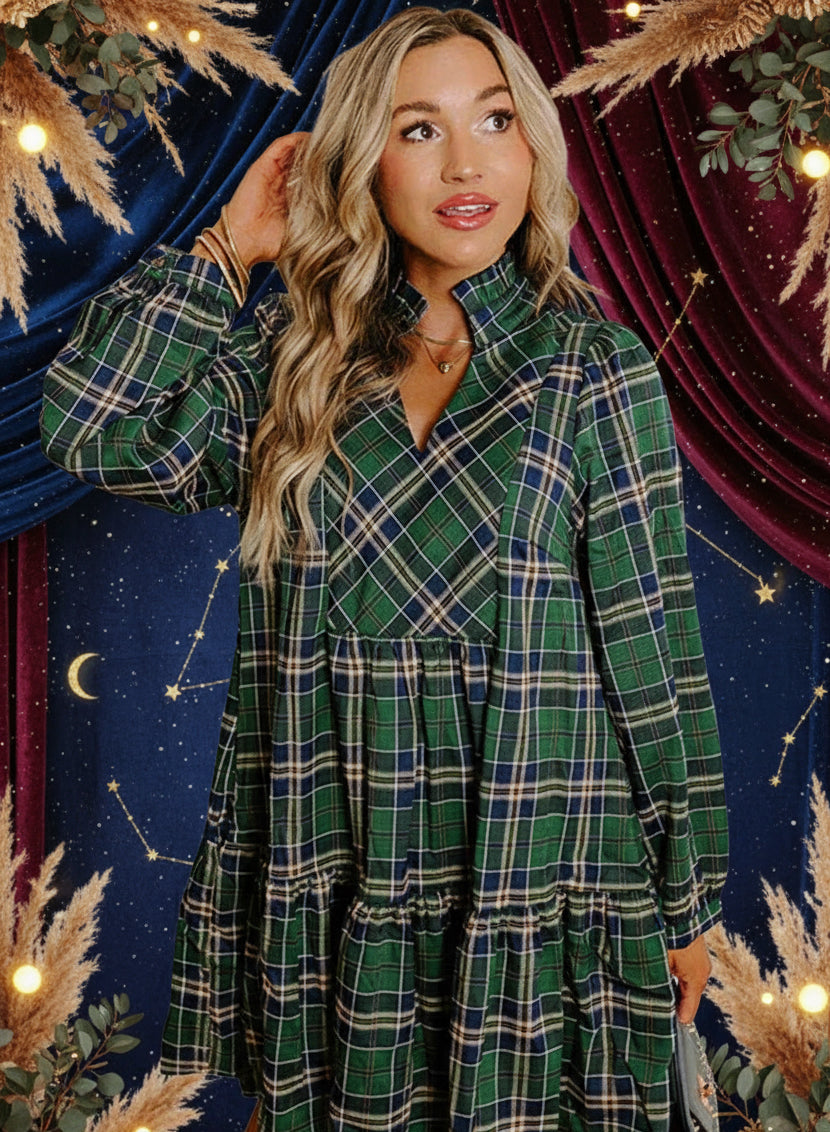 Green Plaid Print Frill Neck Long Sleeve Mini Dress - Velvet Stardust Co.