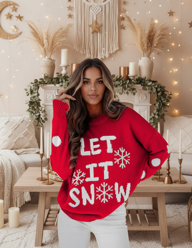 Red Dahlia LET IT SNOW Christmas Dotty Sleeve Loose Sweater - Velvet Stardust Co.