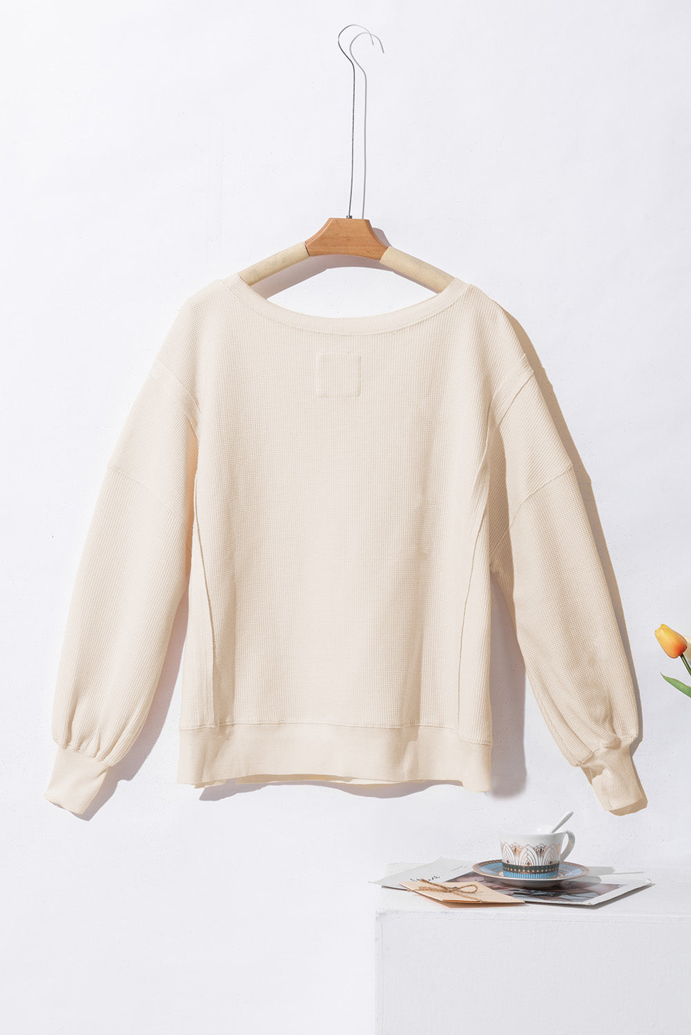 White Waffle knit Bishop Sleeve Split Oversized Top - Velvet Stardust Co.