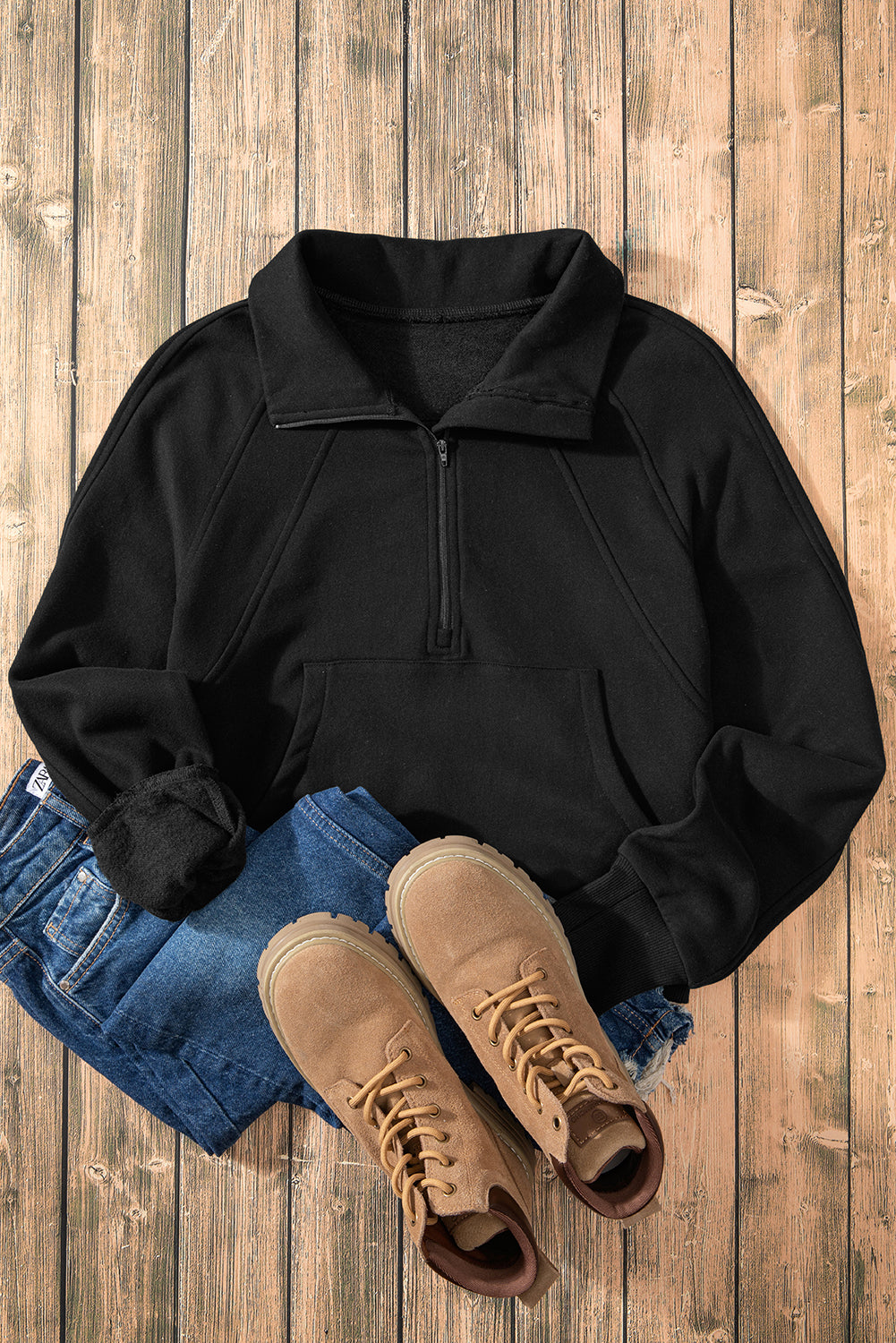 Black Fleece Lined Zip Up Stand Collar Thumbhole Sleeve Sweatshirt - Velvet Stardust Co.