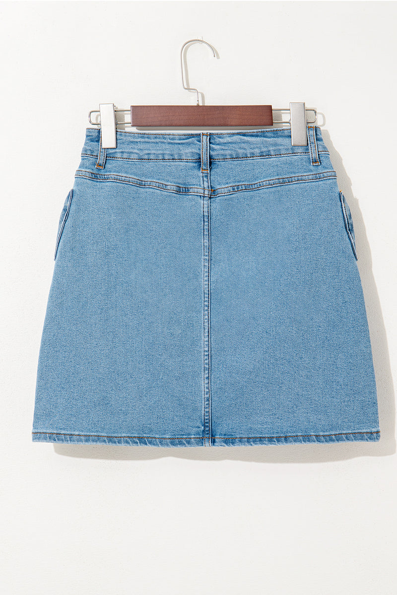 Dusk Blue Acid Washed Bowknot Details High Waist Denim Skirt