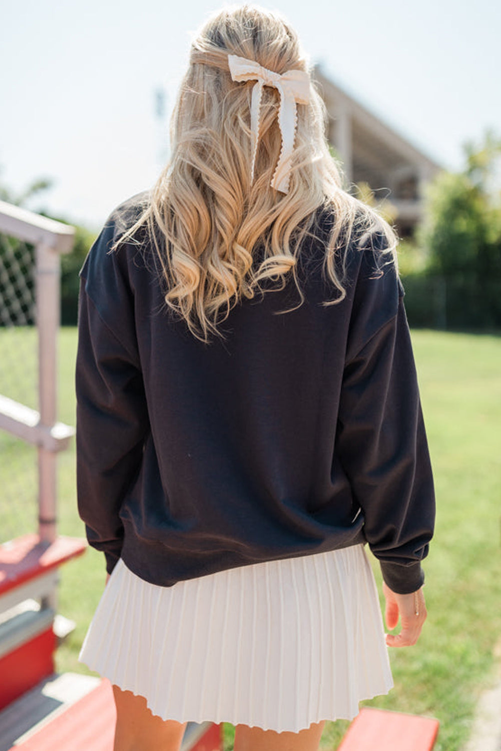Black Chenille Game Day Graphic Drop Shoulder Sweatshirt - Velvet Stardust Co.