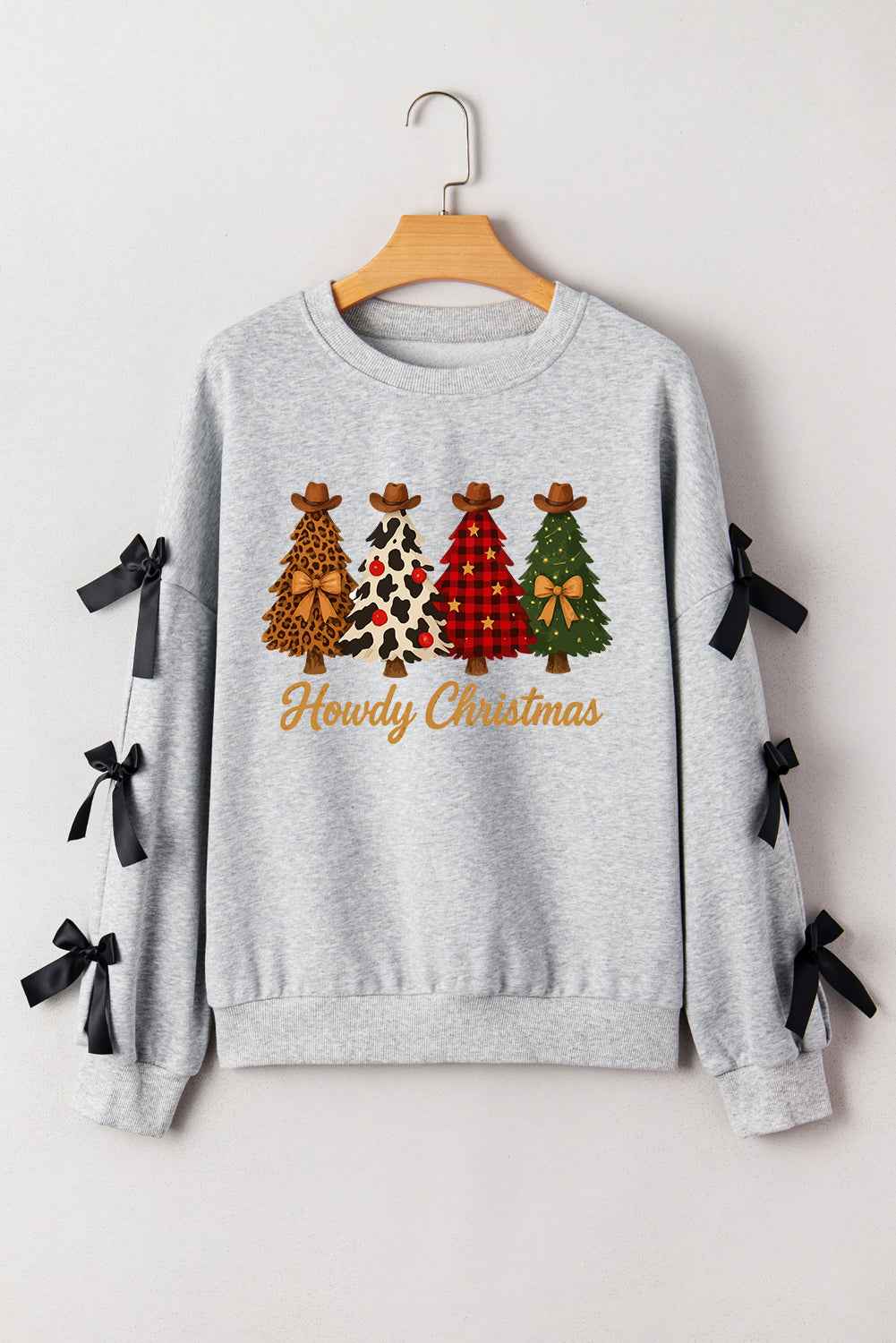 Light Grey Howdy Christmas 4 Trees Heat Transfer Printing Ribbon Bow Decor Sweatshirt - Velvet Stardust Co.