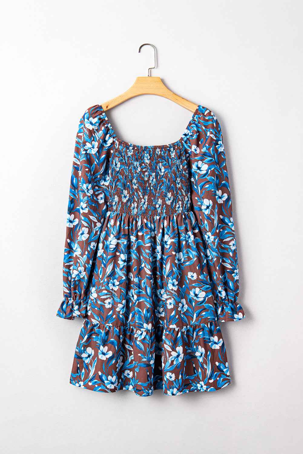 Blue Smocked Bodice High Waist Ruffled Sleeve Floral Dress - Velvet Stardust Co.
