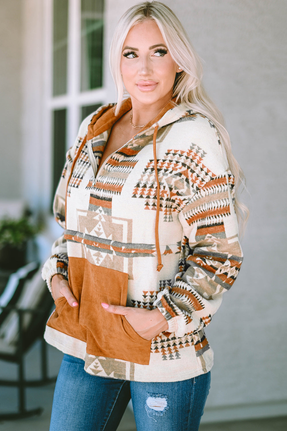 Beige Aztec Print Kangaroo Pocket Half-Zip Hoodie - Velvet Stardust Co.