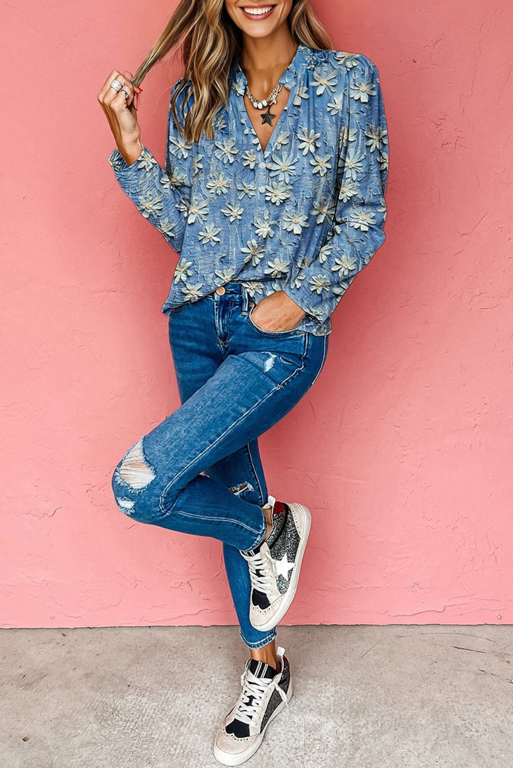 Sky Blue Floral Half Placket Collared V Neck Blouse - Velvet Stardust Co.