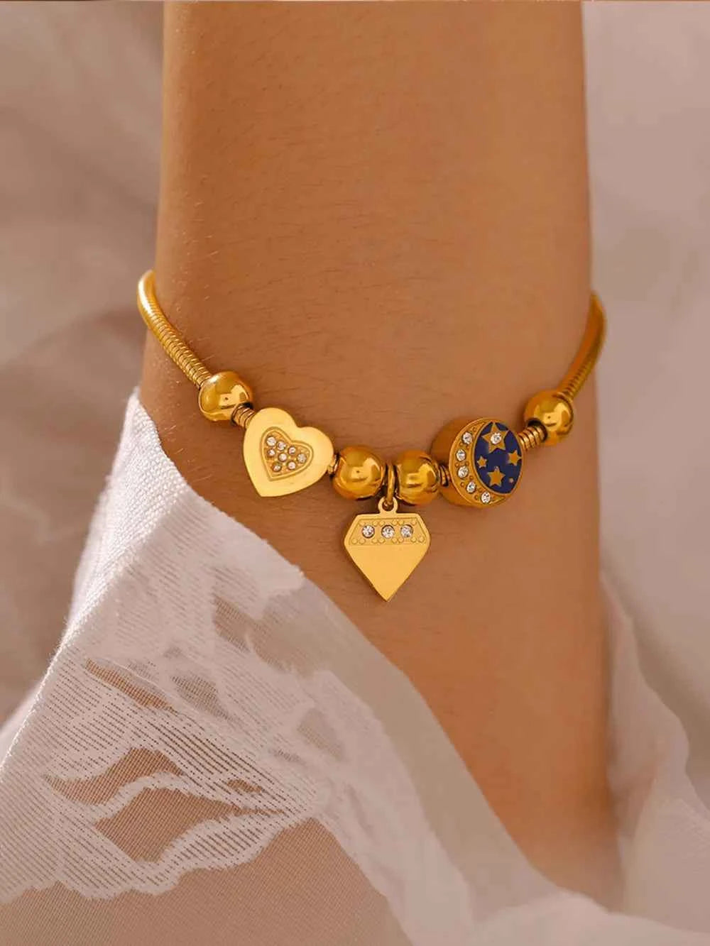 Stainless Steel Rhinestone Charm Bracelet - Velvet Stardust Co.