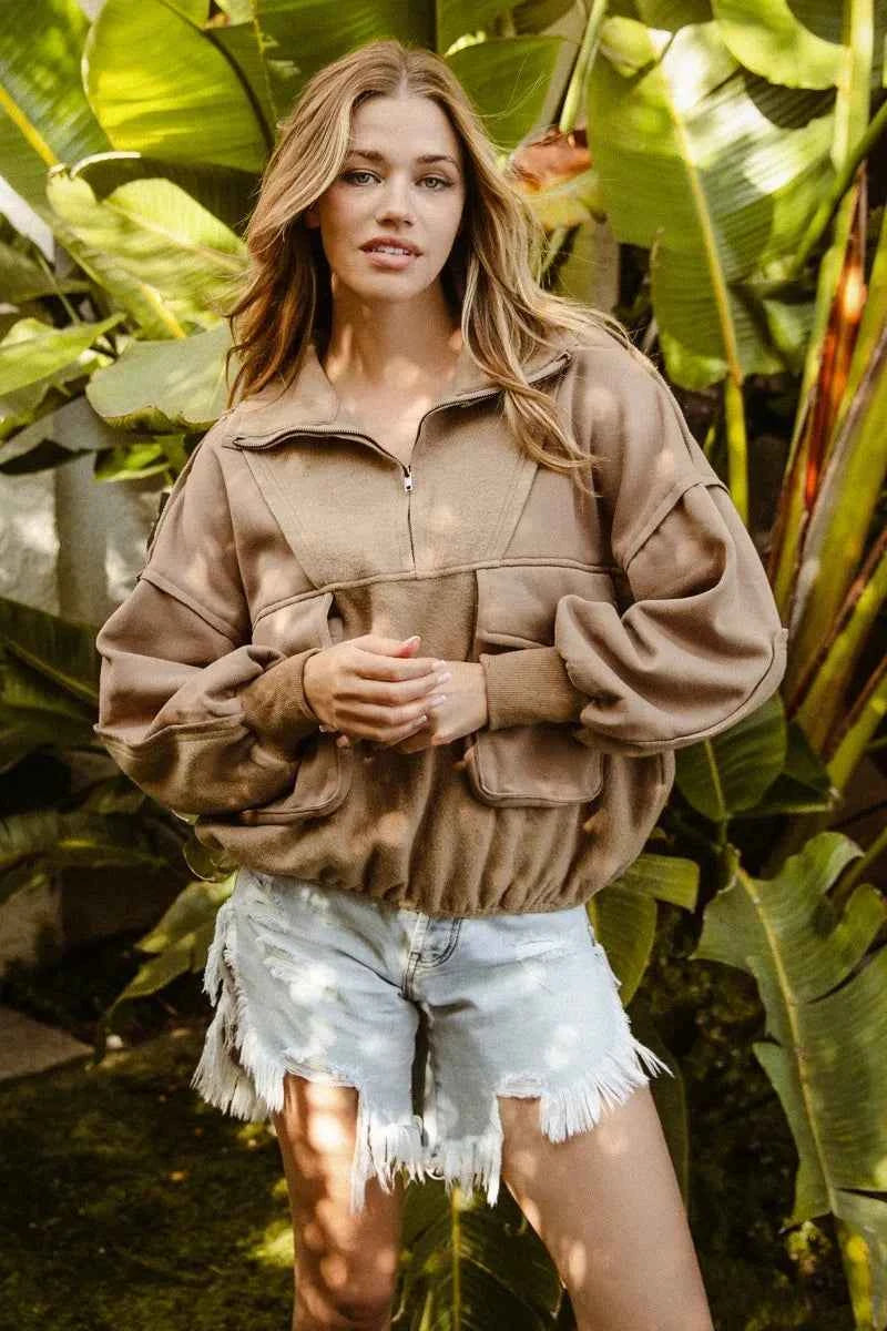 BiBi Half Zip Vintage Washed Fleece Pullover - Velvet Stardust Co.