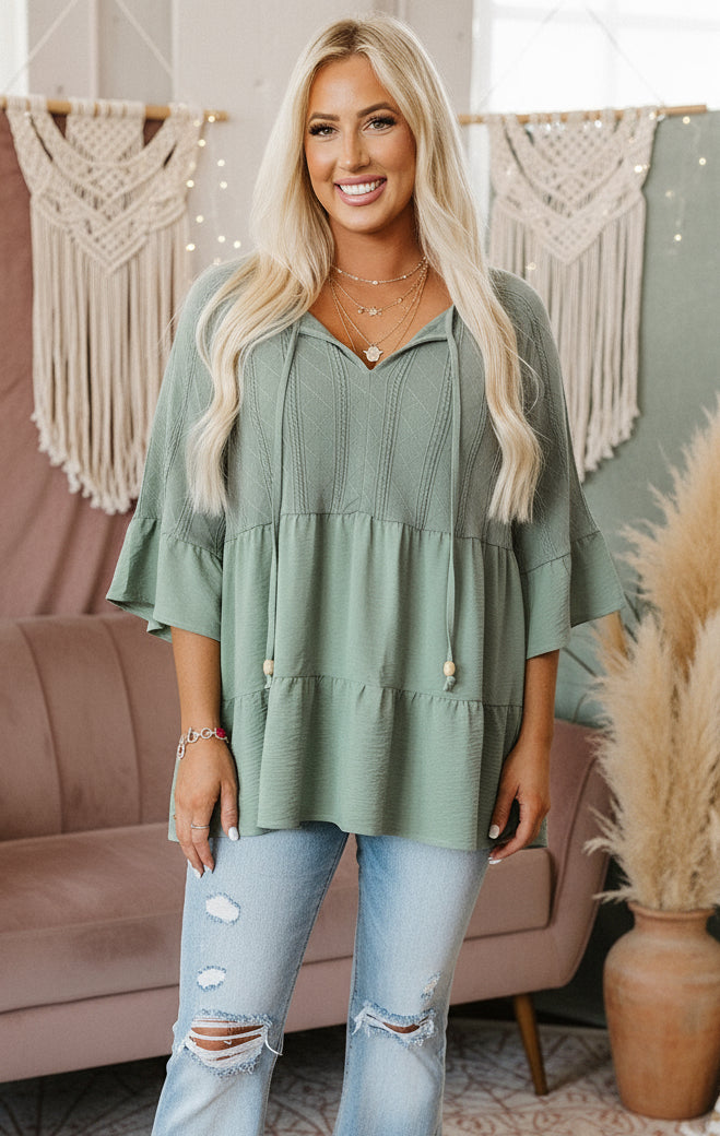 Laurel Green Tie Split Neck Textured Ruffle Patchwork Blouse - Velvet Stardust Co.