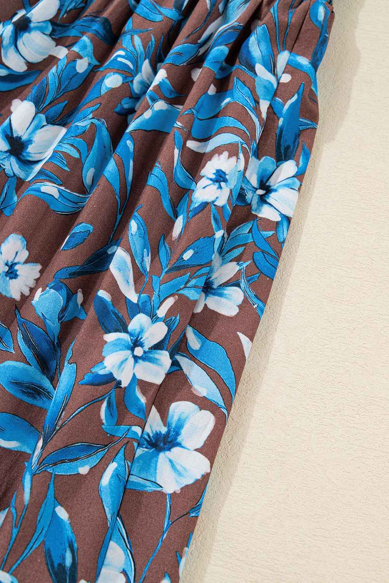 Blue Smocked Bodice High Waist Ruffled Sleeve Floral Dress