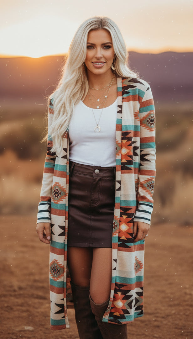 Multicolor Geometric Color Block Open Front Long Cardigan - Velvet Stardust Co.