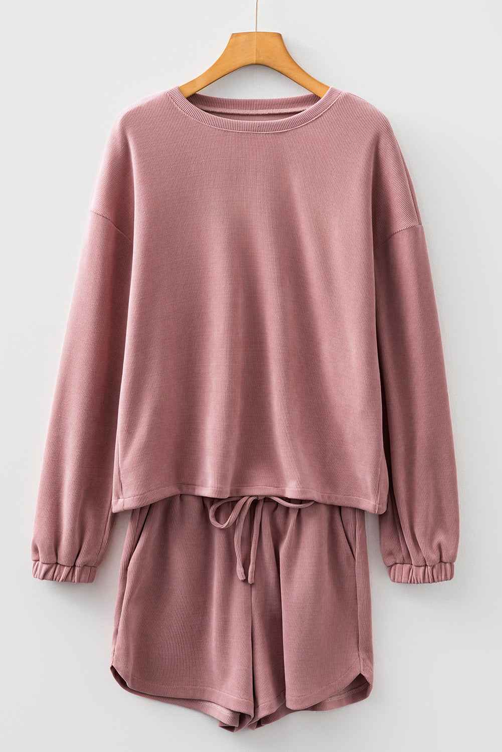 Fushia Textured Knit Drop Shoulder Pullover Drawstring Shorts Set