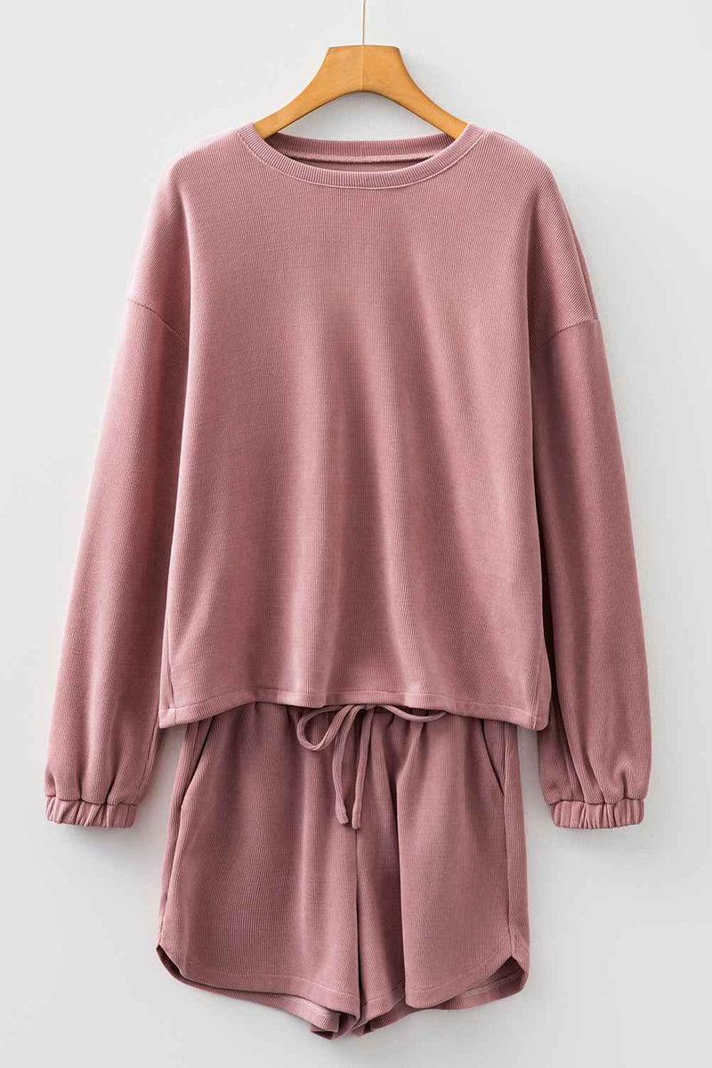 Fushia Textured Knit Drop Shoulder Pullover Drawstring Shorts Set