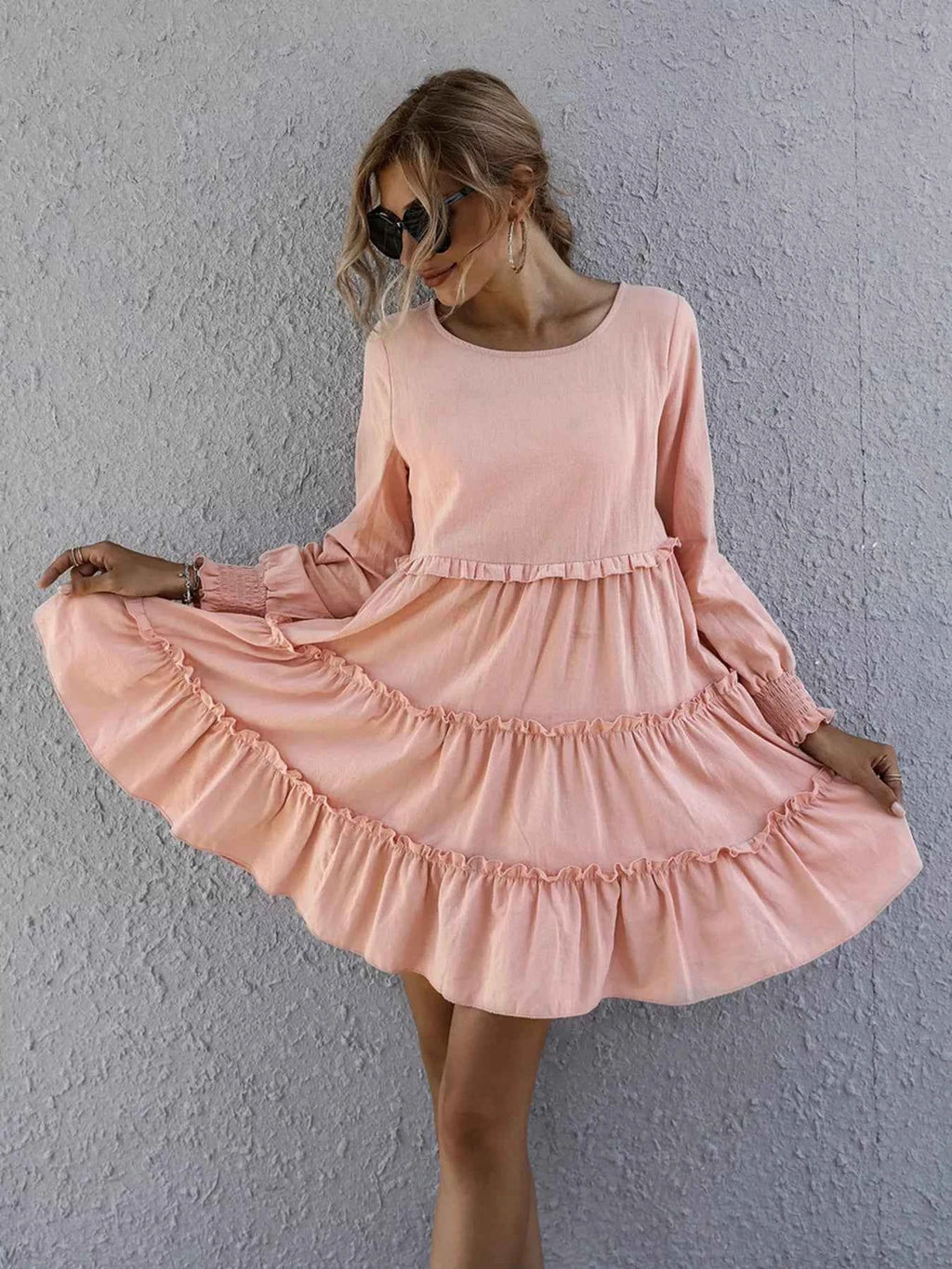 Ruffle Tiered Long Sleeve Mini Dress - Velvet Stardust Co.