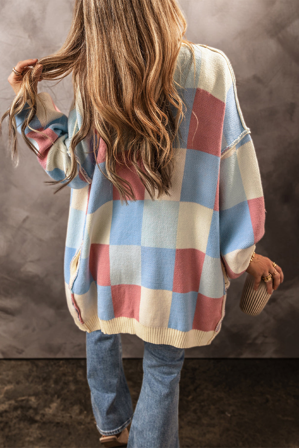 Light Blue Checkered Drop Shoulder Exposed Seam Open Front Cardigan - Velvet Stardust Co.