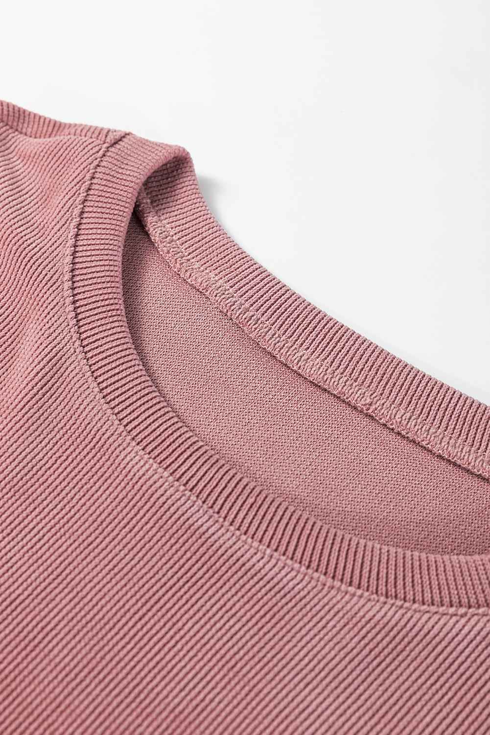 Fushia Textured Knit Drop Shoulder Pullover Drawstring Shorts Set