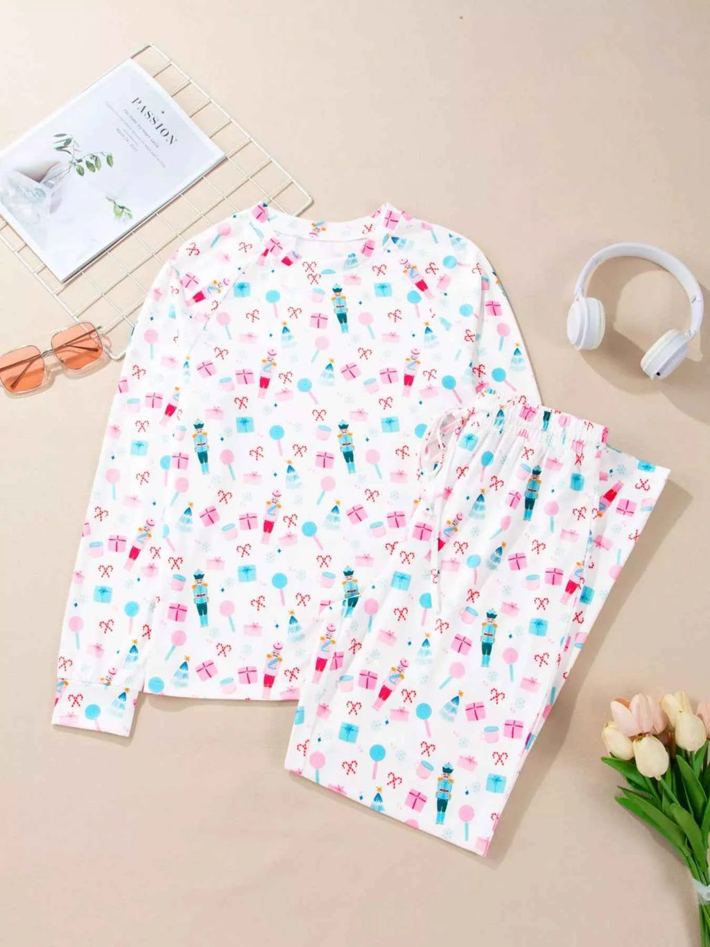 Christmas Pattern Long Sleeve Top and Wide Leg Pants Set