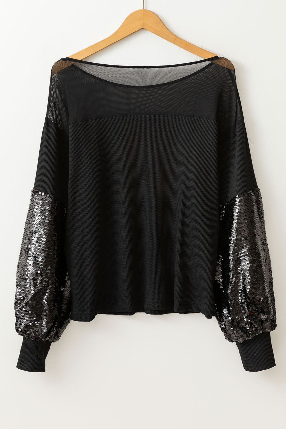 Black Sequin Patchwork Lantern Sleeve Blouse - Velvet Stardust Co.