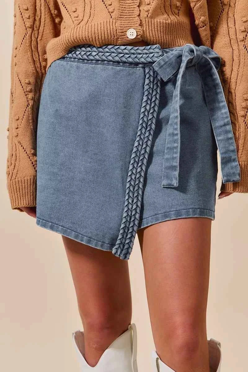 SO ME Wrap Braided Trimmed Denim Skort - Velvet Stardust Co.