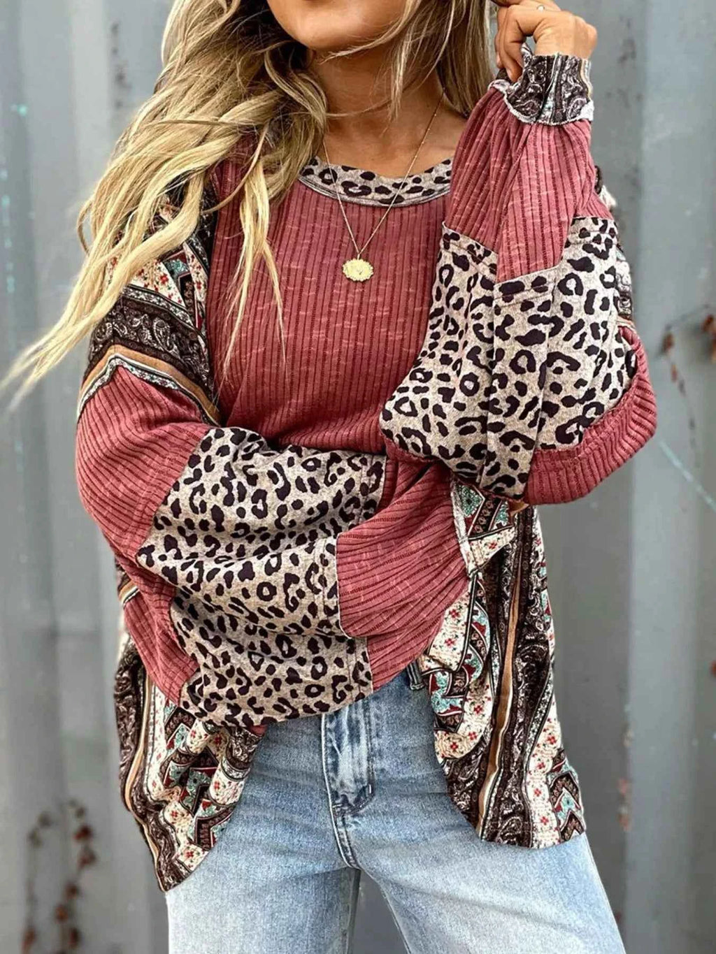 Velvet Stardust Co. Leopard Colorblock Ribbed Top – Boho Long Sleeve Knit Pullover - Velvet Stardust Co.