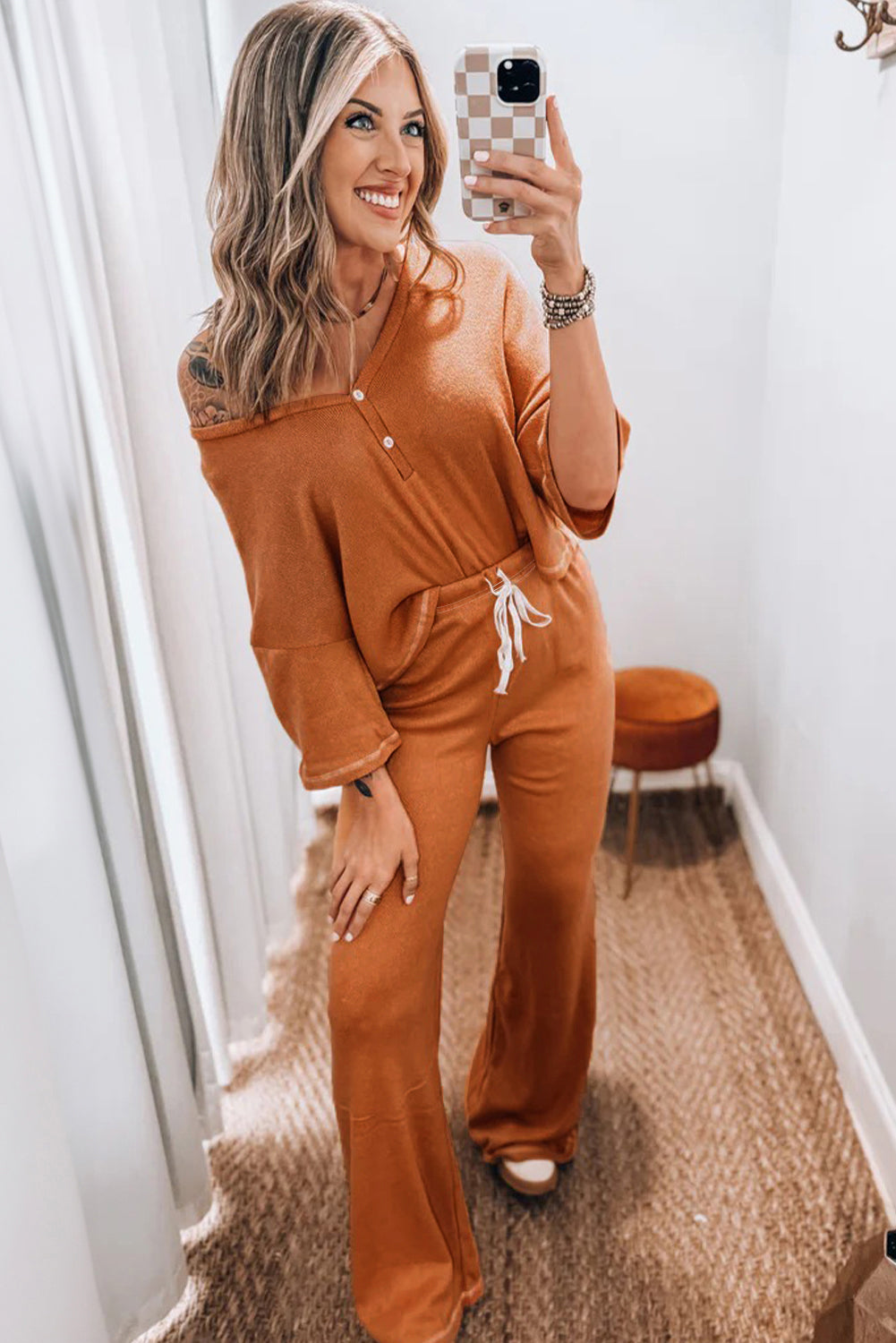 Grapefruit Orange Contrast Stitching Buttoned V Neck Half Sleeve Top and Drawstring Flare Pants Set - Velvet Stardust Co.