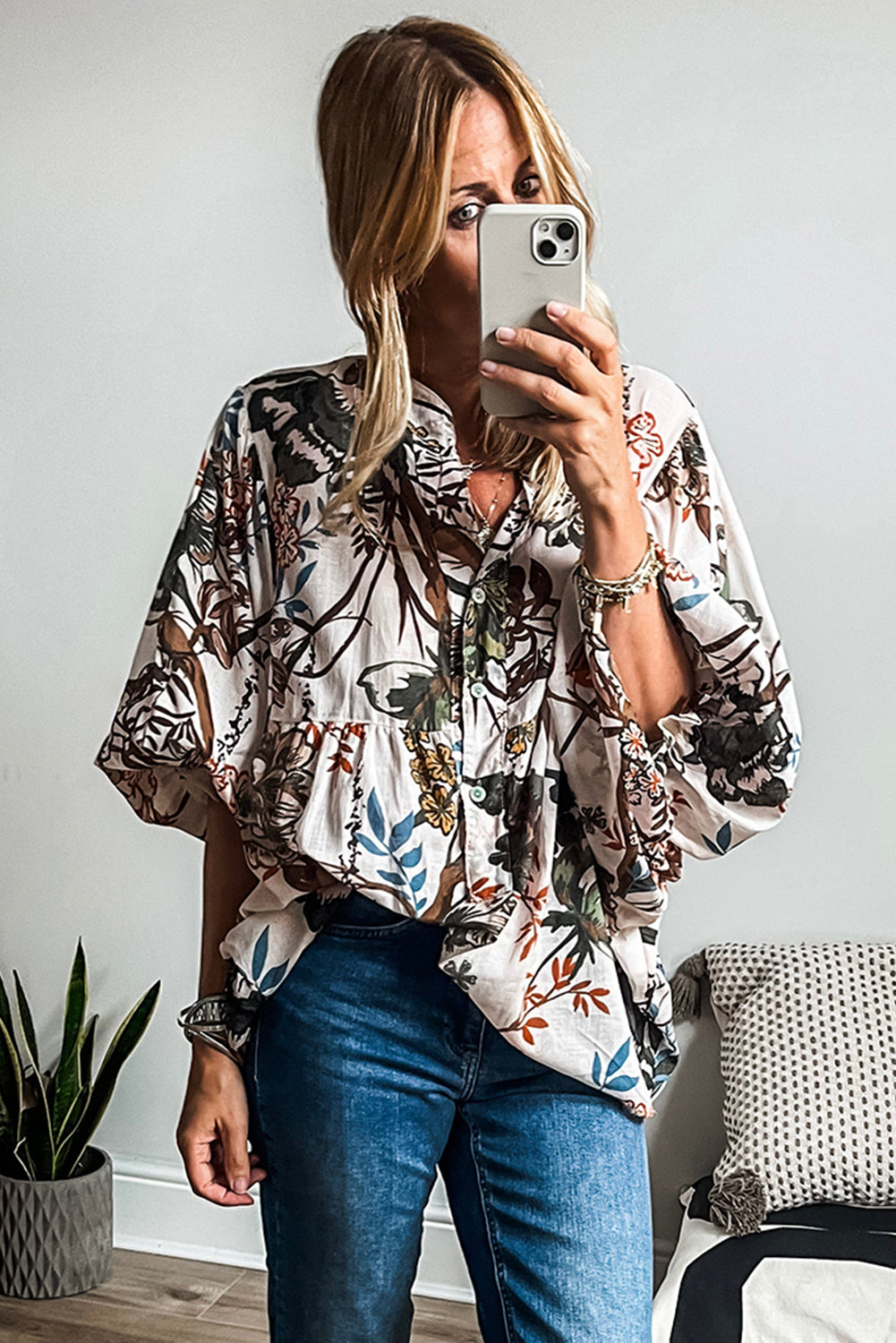 White Floral Print Balloon Sleeves Button Up Loose Casual Shirt - Velvet Stardust Co.