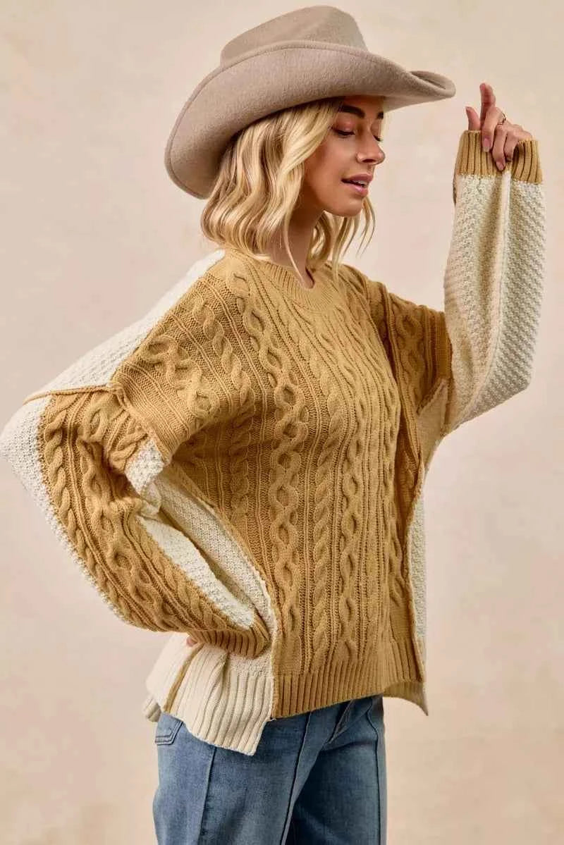 BiBi Cable Knit With Hacci Combo Sweater With Uneven Hem Detail - Velvet Stardust Co.