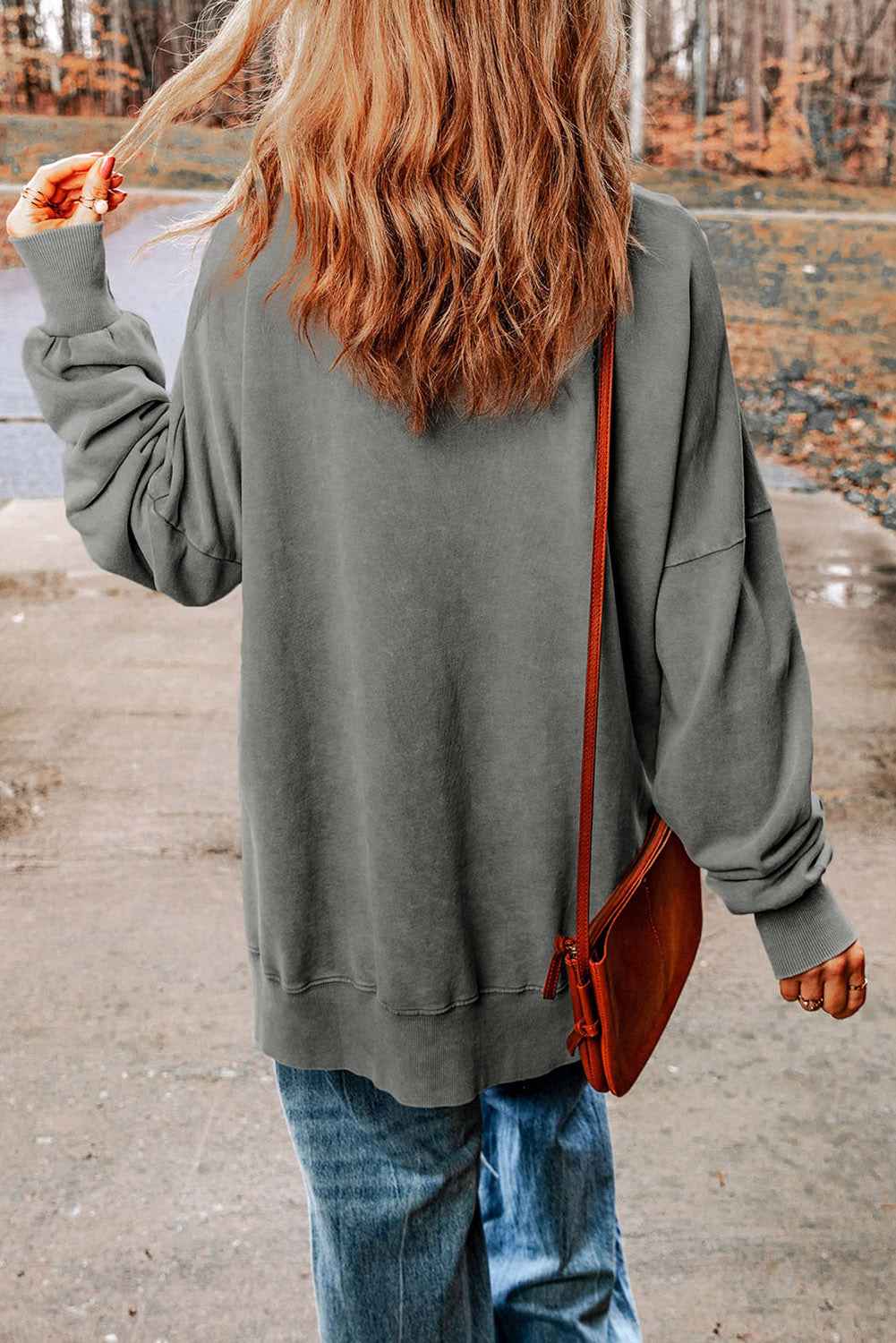 Round Neck Dropped Shoulder LEGGINGS LEAVES LATTES PLEASE Fall Graphic Sweatshirt - Velvet Stardust Co.