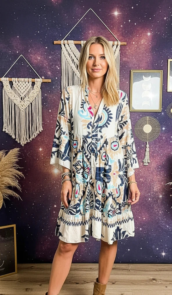 Printed Notched Three-Quarter Sleeve Mini Dress