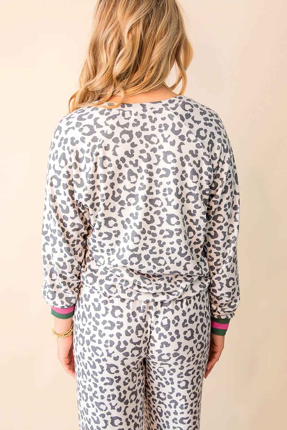 Gray Leopard Contrast Trim Long Sleeve Pullover and Pants Set - Velvet Stardust Co.