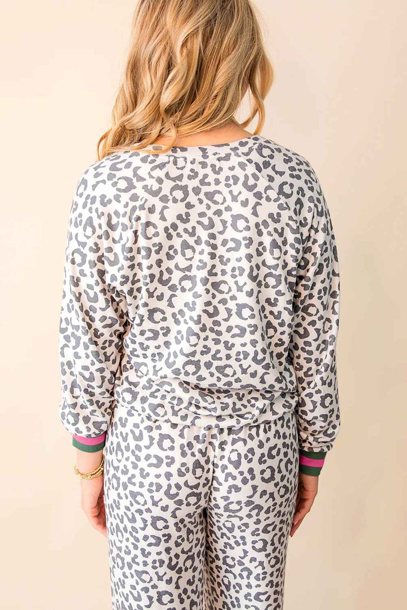 Gray Leopard Contrast Trim Long Sleeve Pullover and Pants Set