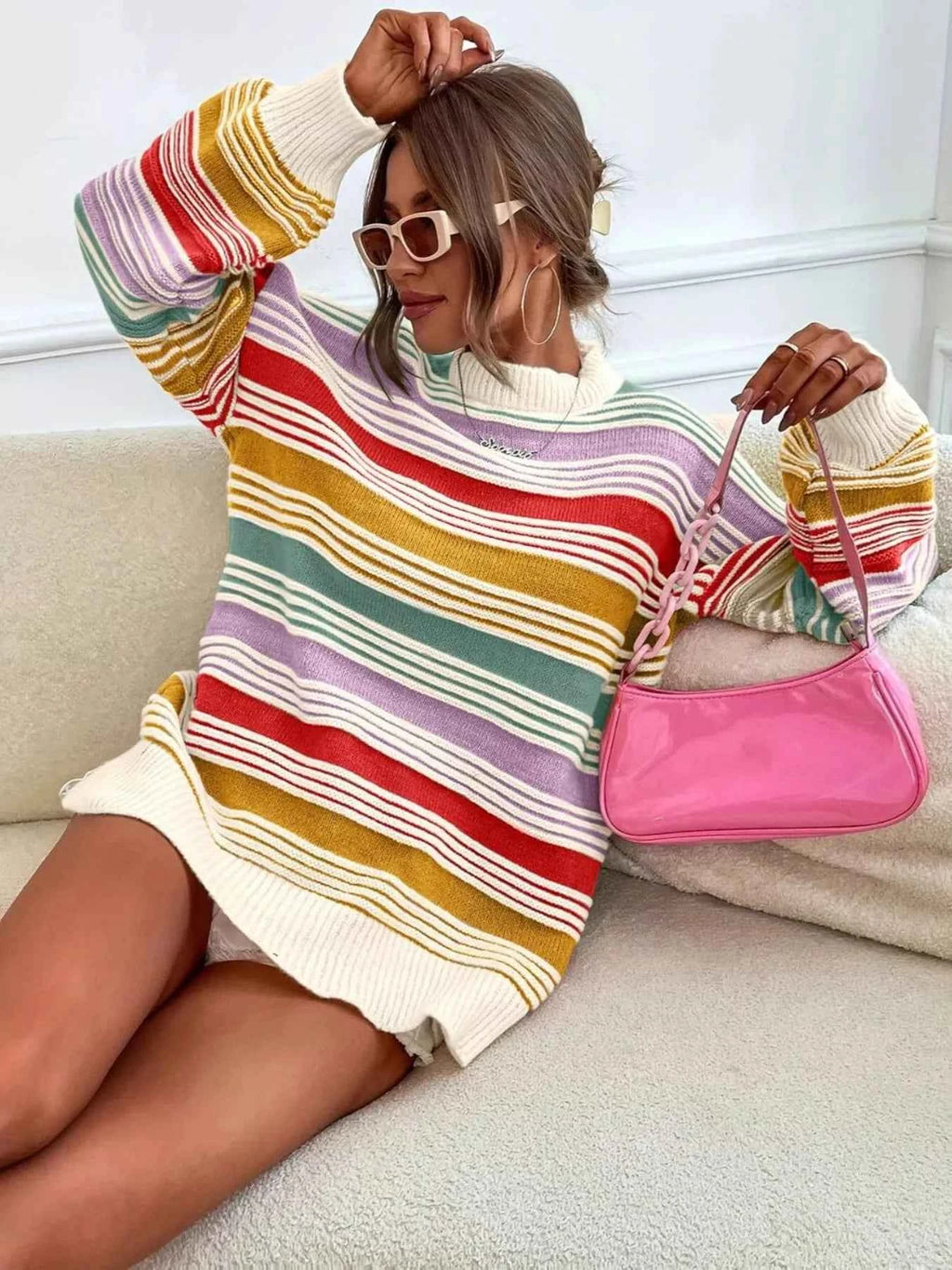 Rainbow Striped Drop Shoulder Oversized Sweater - Velvet Stardust Co.