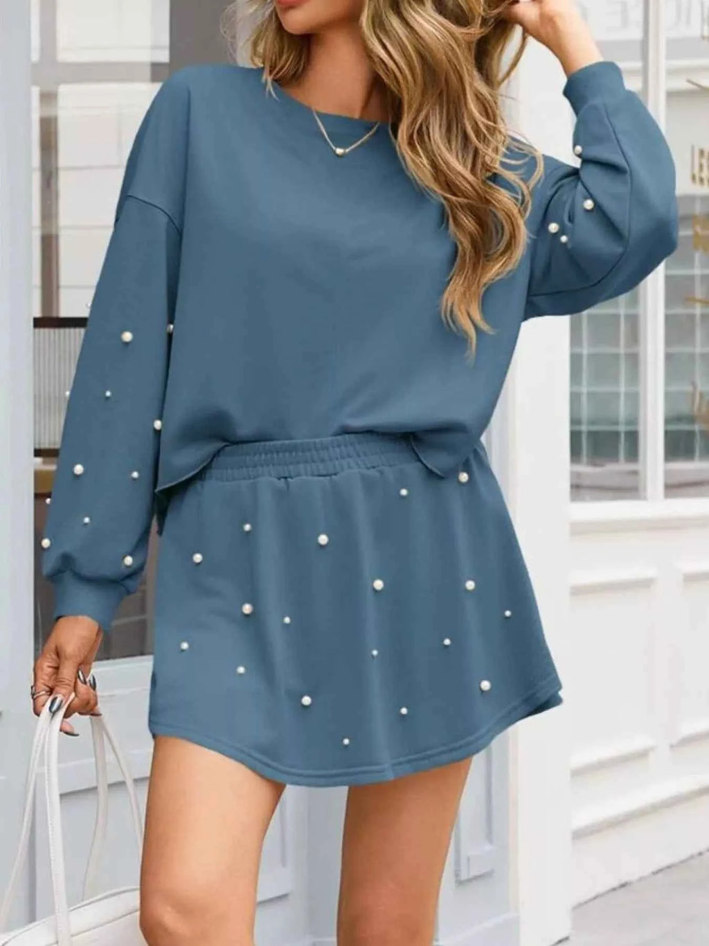 Pearl Embellished Round Neck Top and Skort Set - Velvet Stardust Co.