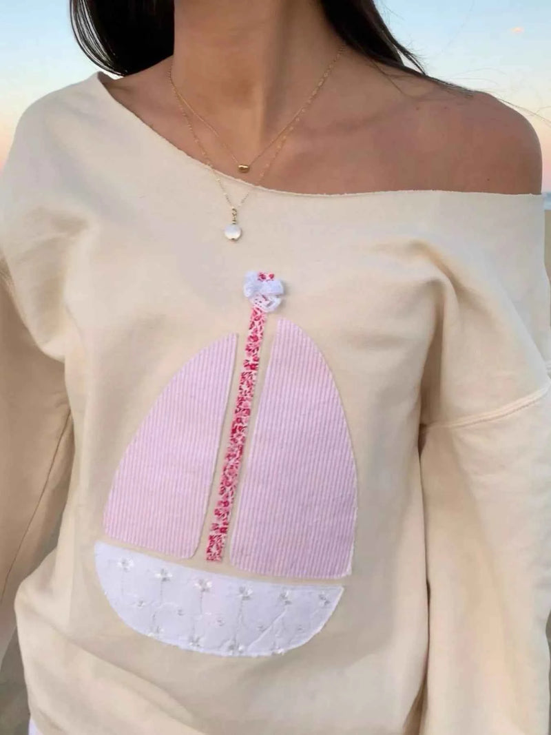 Boat Neck Long Sleeve Patchwork Sweatshirt