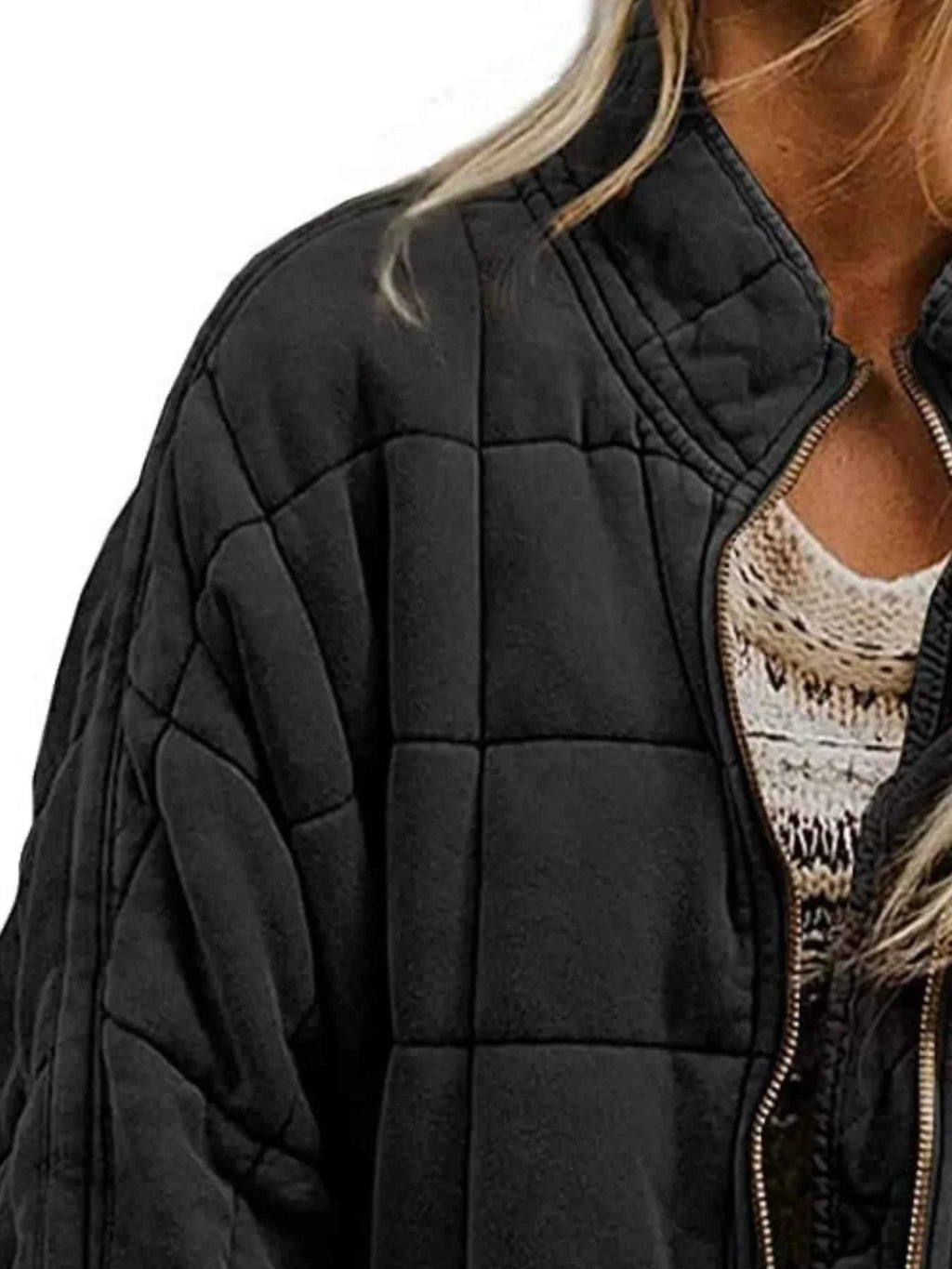 Full Size Zip Up Quilted Bomber Jacket Plus Size - Velvet Stardust Co.