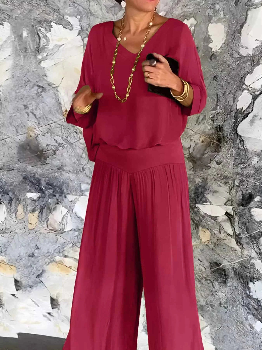 V-Neck Top and Wide Leg Pants Two-Piece Set
