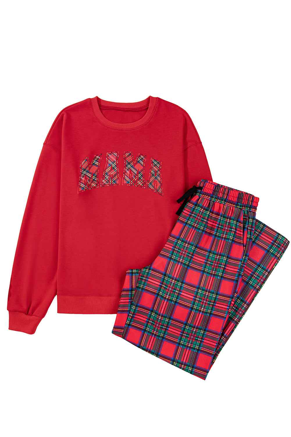 Red Plaid MAMA Graphic Christmas Holiday Crewneck Pullover and Pants Lounge Set - Velvet Stardust Co.