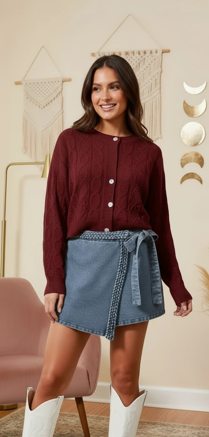 SO ME Wrap Braided Trimmed Denim Skort