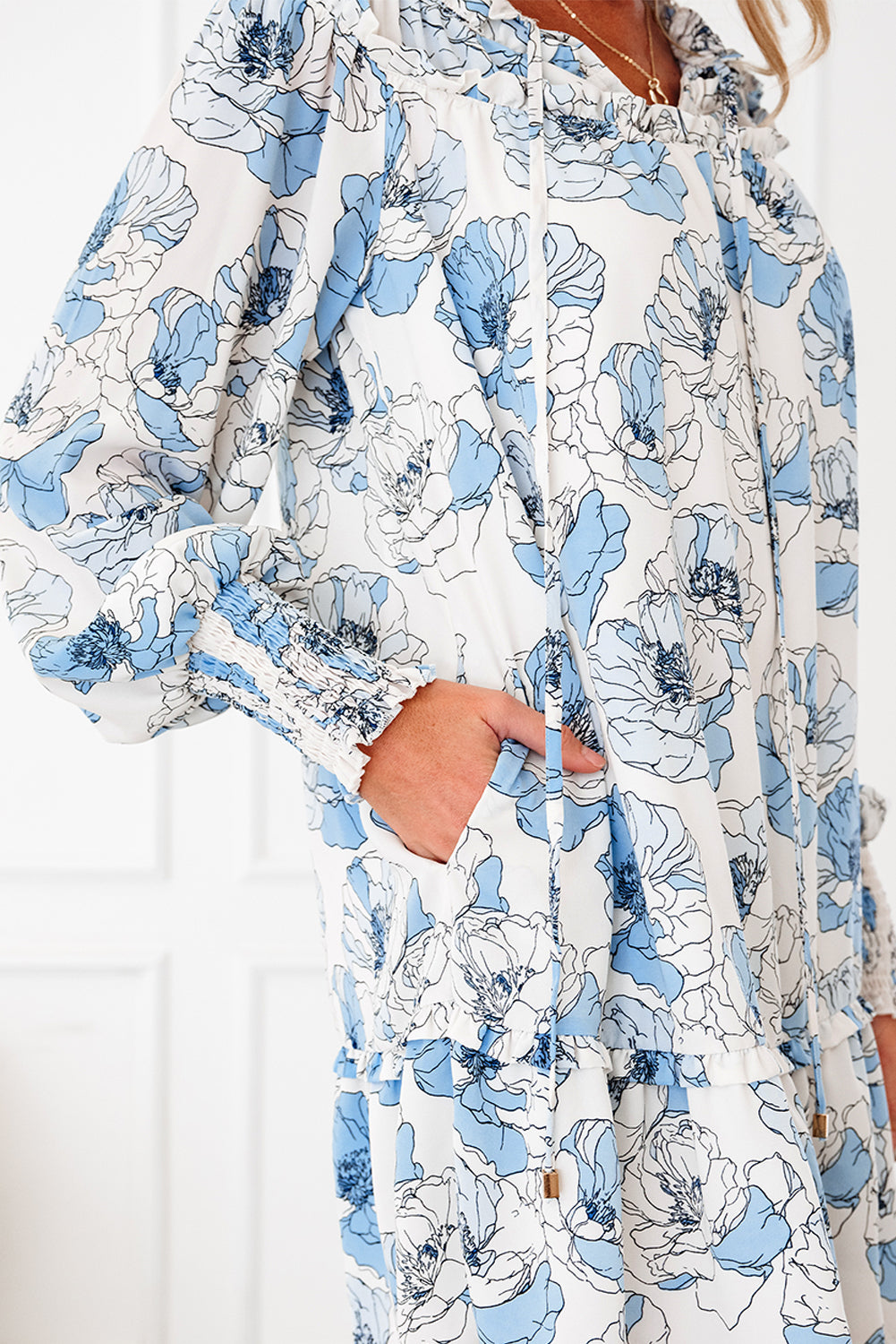 Sky Blue Floral Print Tie Neck Long Sleeve Flowy Mini Dress - Velvet Stardust Co.